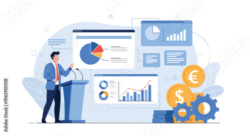 Male speaker standing at podium giving business presentation with various financial charts and global currency icons.