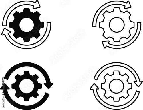 Gear and arrow rotation symbols showing process workflow and system updates in outline and silhouette.