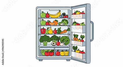 A cartoon illustration of a refrigerator filled with colorful fruits and vegetables