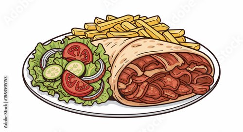 A delicious wrapped sandwich with french fries and a fresh salad