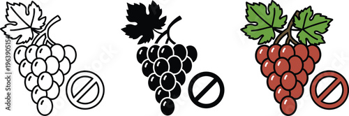 Grapes with no sign icon set in outline silhouette and color style for food safety and allergy info.
