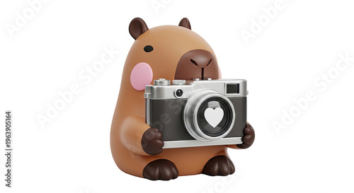 Cute Capybara Holding a Vintage Camera with a Heart Lens