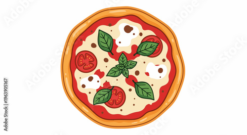 A delicious-looking Margherita pizza with fresh basil leaves and red tomatoes