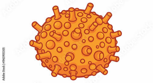 A cartoon illustration of a spherical, orange virus with bumpy texture and spike-like protrusions