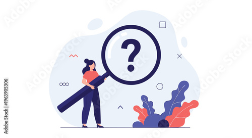 Young woman holding giant magnifying glass while investigating large question mark for research and discovery purpose.