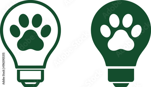 Pet paw print inside light bulb icon representing creative animal ideas and veterinary innovation set.