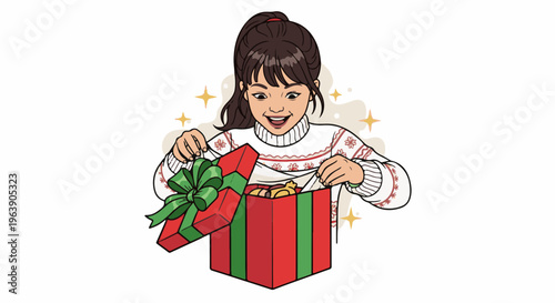 A delighted young girl opens a festive gift box filled with treats