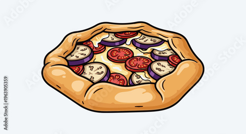 A delightful pizza, baked to perfection, with colorful toppings like tomatoes and eggplant