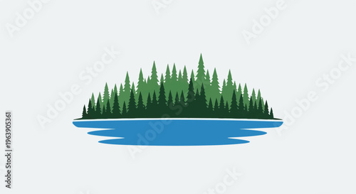 A dense forest of green pine trees stands behind a blue body of water