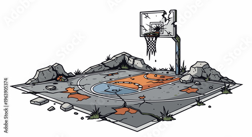 A desolate, cracked basketball court with a damaged hoop amidst rocks and weeds