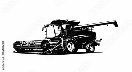 A detailed black and white illustration of a modern combine harvester