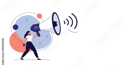 Confident businesswoman walking while holding giant white megaphone to make important corporate announcement.