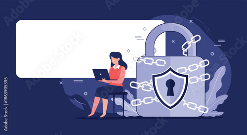 Female office worker sitting with laptop next to giant padlock wrapped in heavy metal chains for data security.