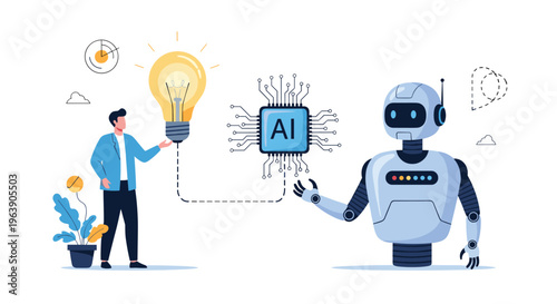 Man and futuristic robot connecting lightbulb to AI circuit board representing human and machine innovation.