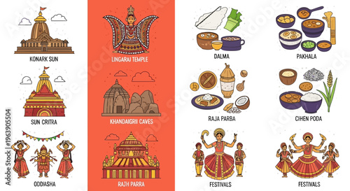 Vector illustrations of Odisha Foundation Day celebrations, featuring cultural icons, traditional food, and festivities, with a vibrant color scheme and flat design style.
