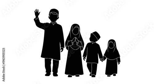 Family Silhouette Waving Together United.
