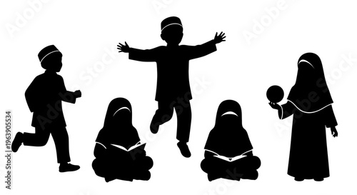Family Silhouettes in Traditional Islamic Clothing.