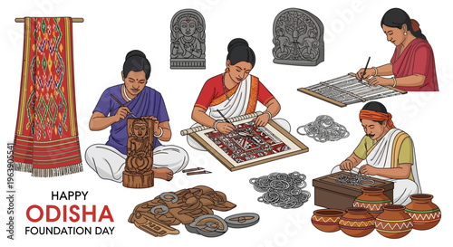 Illustration of traditional Odisha artisans celebrating Odisha Foundation Day with cultural crafts and designs.