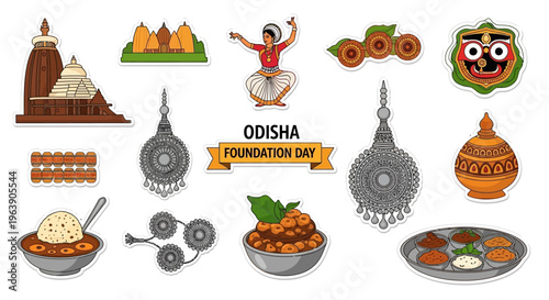 Vector illustrations of Odisha Foundation Day elements, including traditional food, jewelry, temples, and cultural icons, on a white background, conveying a festive and cultural celebration