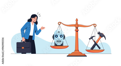 Worried businesswoman looking at scale balancing robotic AI head against traditional manual labor hammers.