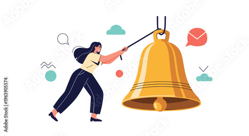 Determined woman pulling thick rope to ring giant golden bell representing alert and important communication.