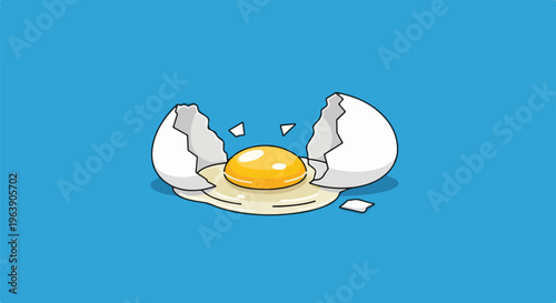 A cracked egg with a bright yellow yolk spills onto a blue background