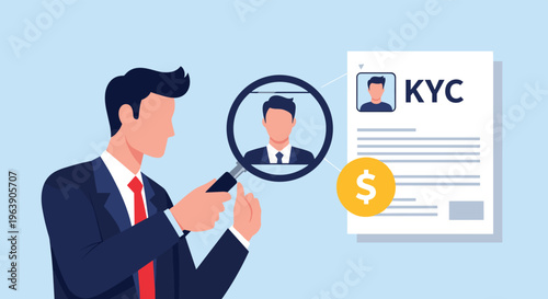 Professional man using magnifying glass to verify identity on KYC document for compliance and security checks.