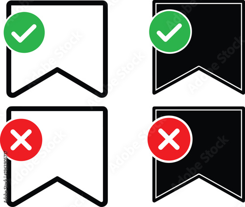 Set of four bookmark icons with green checkmark and red cross symbols isolated vector.