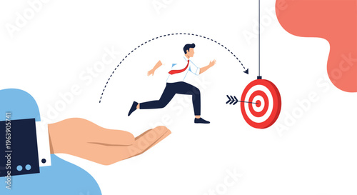 Supportive giant hand helping businessman jump toward red target symbol for professional career guidance and success.