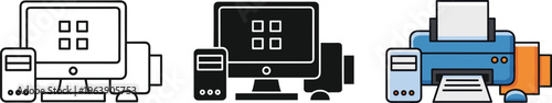 Set of computer and printer icons in outline silhouette and color vector graphics.