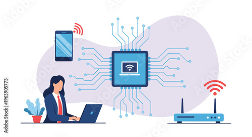 Businesswoman working on laptop with network connectivity icons like WiFi router and computer chip floating.
