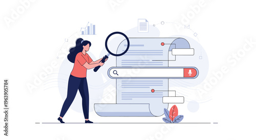 Woman using magnifying glass to search through long digital document with search bar and voice microphone icons.