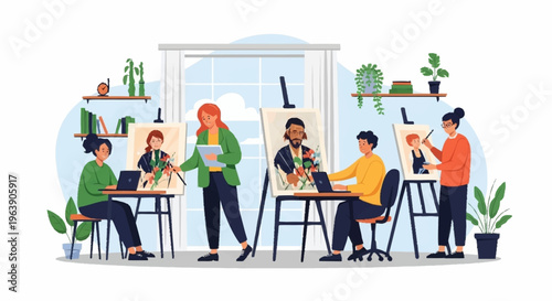 Art Class in Session - Students Painting Portraits with Instructor Guidance.