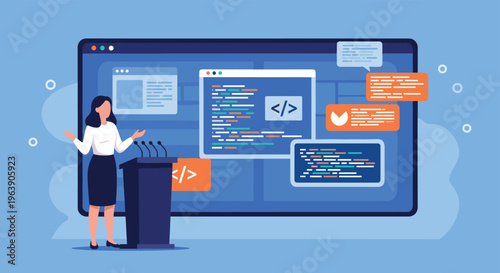 Businesswoman standing at podium giving tech presentation with multiple code windows on large screen behind.