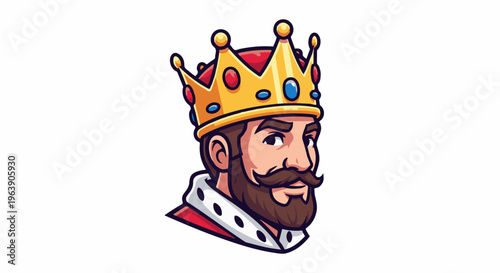 A cartoon king with a golden crown adorned with red and blue jewels