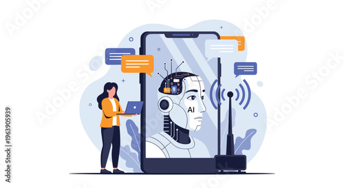 Female professional with laptop standing next to giant phone screen showing advanced AI robot head profile.