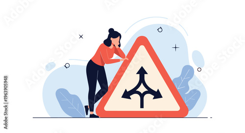 Thoughtful woman leaning on red triangular road sign with three directional arrows for difficult decision making.