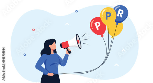 Professional woman using megaphone to speak while holding balloons with letters for public relations work.