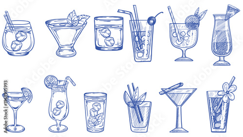 Cocktail drinks hand drawn sketch collection