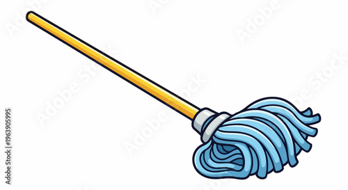 A cartoon of a mop with a yellow handle and blue strands