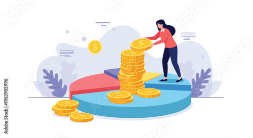 Young woman stacking gold coins on blue and red pie chart for financial investment and wealth management.