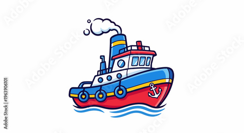 A cartoon tugboat with red, blue, and yellow colors sails on waves