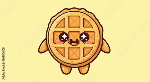 A cartoon waffle character with arms, legs, and a happy face