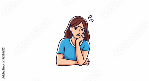 A cartoon woman with brown hair in a blue shirt holds her face in concern
