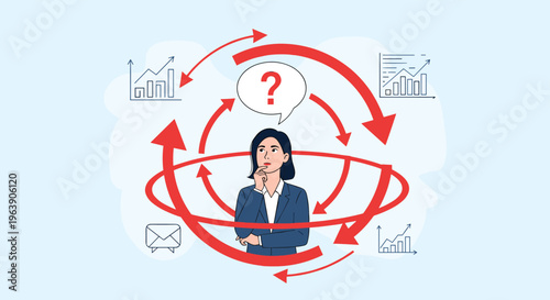 Businesswoman thinking deeply surrounded by circular red arrows and various corporate data analysis icons.