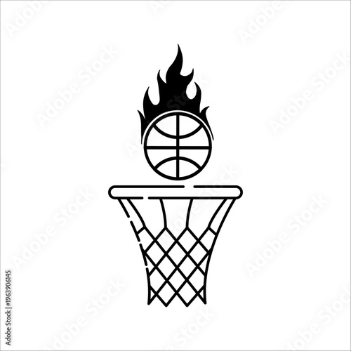 A minimalist line icon featuring a basketball burning in flames just above the ring, symbolizing the passion and speed of the sport.