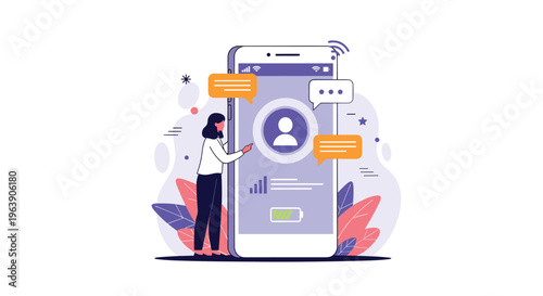 Woman standing next to large smartphone screen displaying user profile and various social media notification.