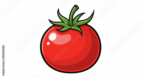 A cartoonish red tomato with a green stem and leaves on a white background