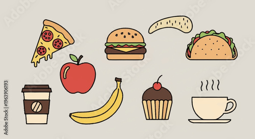 Assortment of Food and Drink Illustrations for a Balanced Diet.