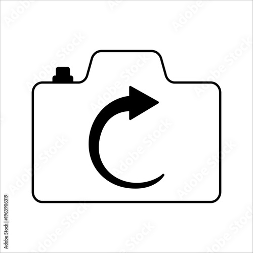 A thin line icon of a digital camera with a circular arrow symbol in the middle, symbolizes the photo rotation or camera flip feature in the application interface design.